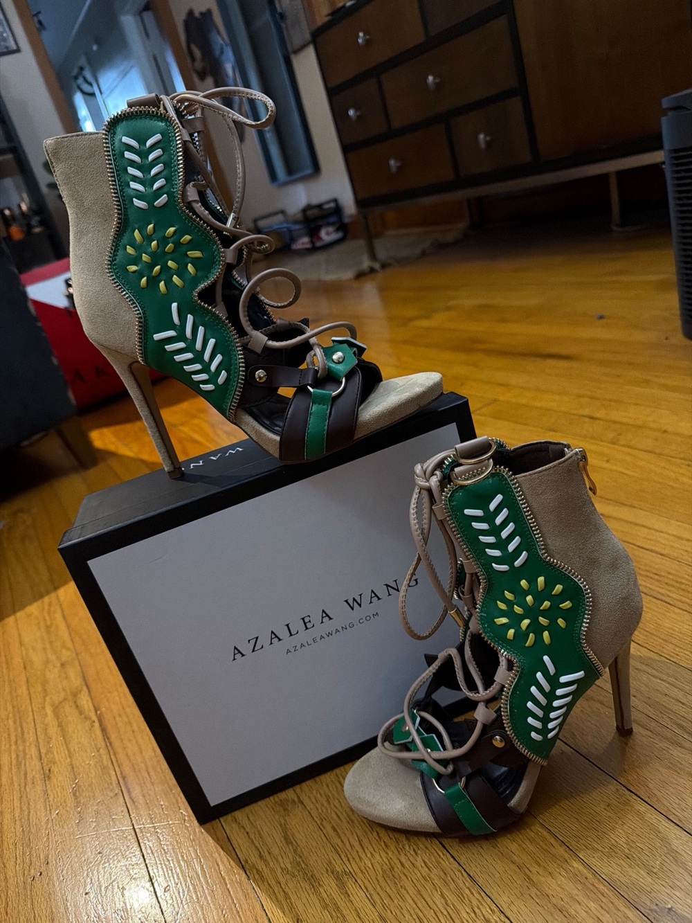 Azalea Wang Beige Suede Lace-Up Heels with Green Embellishment